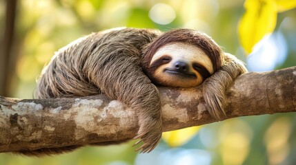 A contented sloth is peacefully resting on a tree branch in sunshine