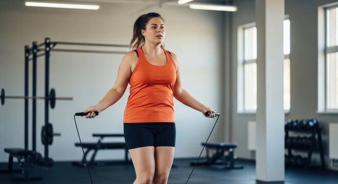 A plus-size woman focused on her jump rope workout inside a bright gym setting.