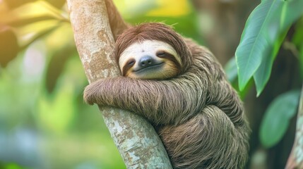A cute sloth is sleeping comfortably on a tree branch