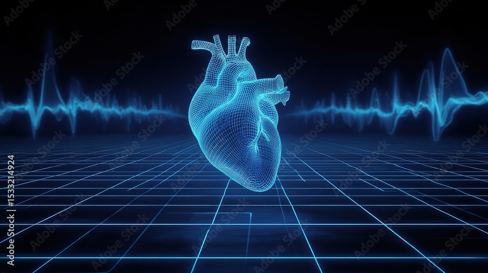 Poster futuristic heart monitoring with pulsating peaks on digital display