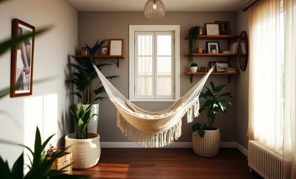 A modern haven where a plush string hammock swayed lazily against the backdrop of a sunlit window while plants and decorative shelves adorned with eclectic accessories added a touch of warmth and ch