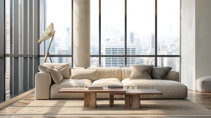 Elegant Scandinavian Style Living Room Interior with Modern Furniture and City View Through Large Window, Minimalist Home Decor Concept in Neutral Tones, Cozy Lounge Space for Interior Design Project 