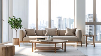 Elegant Scandinavian Style Living Room Interior with Modern Furniture and City View Through Large Window, Minimalist Home Decor Concept in Neutral Tones, Cozy Lounge Space for Interior Design Project 