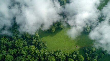 Aerial view of a lush forest with cloud coverage