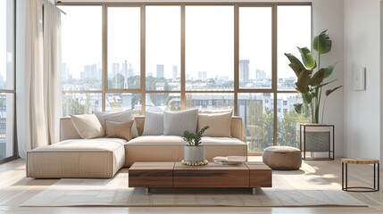 Elegant Scandinavian Style Living Room Interior with Modern Furniture and City View Through Large Window, Minimalist Home Decor Concept in Neutral Tones, Cozy Lounge Space for Interior Design Project 