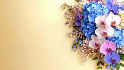 Cascading orchid and hydrangea bridal bouquet with soft golden background, featuring blue, pink, and purple flowers, creating romantic and elegant floral arrangement