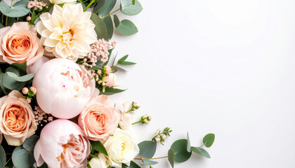 Pastel garden mix wedding bouquet with eucalyptus, peony, rose, dahlia, and greenery on white background, elegant and romantic floral arrangement for celebration