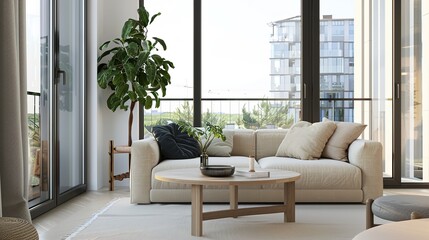 Elegant Scandinavian Style Living Room Interior with Modern Furniture and City View Through Large Window, Minimalist Home Decor Concept in Neutral Tones, Cozy Lounge Space for Interior Design Project 