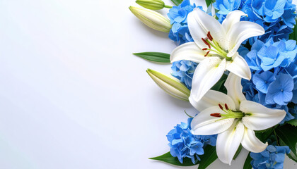White lily and blue hydrangea bouquet on light background with green leaves, space for wedding message, elegant and fresh floral arrangement for celebration