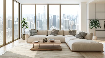 Elegant Scandinavian Style Living Room Interior with Modern Furniture and City View Through Large Window, Minimalist Home Decor Concept in Neutral Tones, Cozy Lounge Space for Interior Design Project 