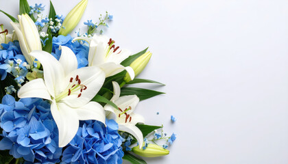 White lily and blue hydrangea bouquet with green leaves on light background, elegant floral arrangement with space for wedding message, peaceful and fresh mood