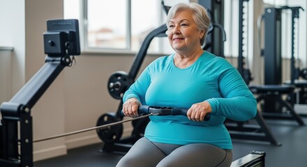 Senior plus-size woman enthusiastically working out on a rowing machine at the gym for her fitness.