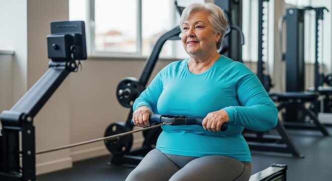 Senior plus-size woman enthusiastically working out on a rowing machine at the gym for her fitness. - Powered by Adobe