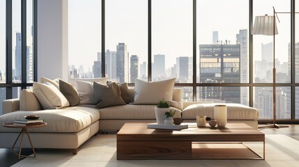 Elegant Scandinavian Style Living Room Interior with Modern Furniture and City View Through Large Window, Minimalist Home Decor Concept in Neutral Tones, Cozy Lounge Space for Interior Design Project 