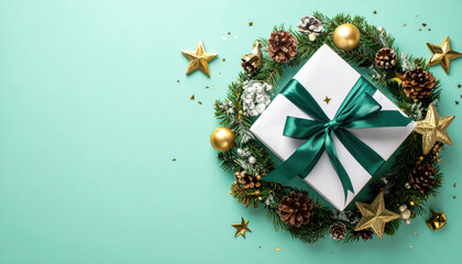 Gift box with shiny ribbon surrounded by festive wreath, pinecones, gold stars, and baubles on pastel background, creating joyful holiday atmosphere