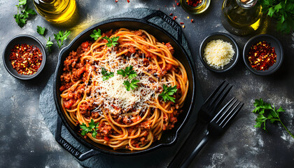 Pasta fettuccine with beef ragout sauce in black bowl. Italian dinner meal with parmesan cheese, parsley, olive oil. Gourmet cuisine, delicious food, eatery, traditional dish