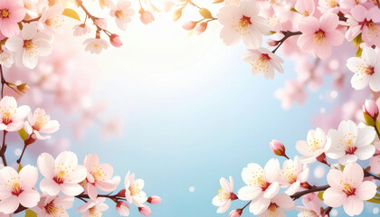 Pastel spring background with blooming cherry blossom flowers, soft sunlight, and empty space for text, creating peaceful and uplifting seasonal atmosphere