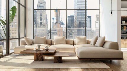 Elegant Scandinavian Style Living Room Interior with Modern Furniture and City View Through Large Window, Minimalist Home Decor Concept in Neutral Tones, Cozy Lounge Space for Interior Design Project 