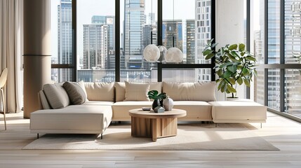 Elegant Scandinavian Style Living Room Interior with Modern Furniture and City View Through Large Window, Minimalist Home Decor Concept in Neutral Tones, Cozy Lounge Space for Interior Design Project 