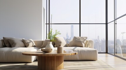 Elegant Scandinavian Style Living Room Interior with Modern Furniture and City View Through Large Window, Minimalist Home Decor Concept in Neutral Tones, Cozy Lounge Space for Interior Design Project 