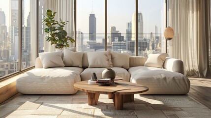 Elegant Scandinavian Style Living Room Interior with Modern Furniture and City View Through Large Window, Minimalist Home Decor Concept in Neutral Tones, Cozy Lounge Space for Interior Design Project 