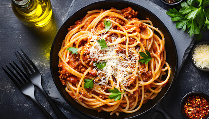 Pasta fettuccine with beef ragout sauce in black bowl. Italian dinner meal with parmesan cheese, parsley, olive oil. Gourmet cuisine, delicious food, eatery, traditional dish