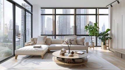 Elegant Scandinavian Style Living Room Interior with Modern Furniture and City View Through Large Window, Minimalist Home Decor Concept in Neutral Tones, Cozy Lounge Space for Interior Design Project 