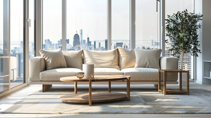 Elegant Scandinavian Style Living Room Interior with Modern Furniture and City View Through Large Window, Minimalist Home Decor Concept in Neutral Tones, Cozy Lounge Space for Interior Design Project 