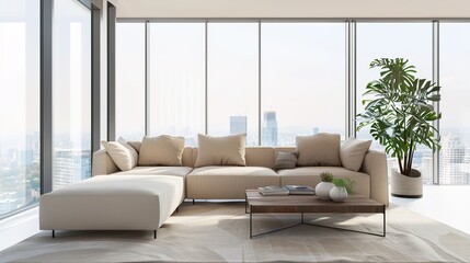 Elegant Scandinavian Style Living Room Interior with Modern Furniture and City View Through Large Window, Minimalist Home Decor Concept in Neutral Tones, Cozy Lounge Space for Interior Design Project 