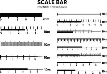 Set of line and bar scales of map. Distance measurement chart templates for navigation, travel. Cartography graphic elements isolated on white background 