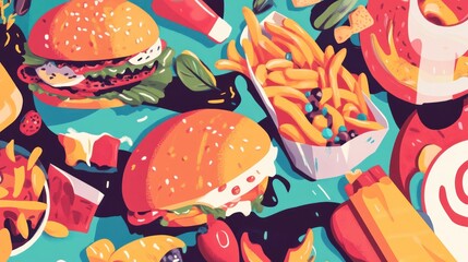 A Colorful Artistic Display of Various Fast Food Items