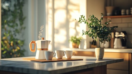 A coffee maker and cups sit on a kitchen table together