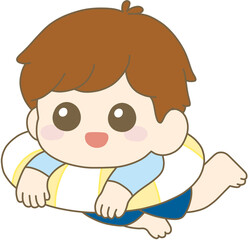 Boy Playing with Yellow Swim Ring, Summer Water Fun 남자아이, 물놀이, 튜브, 여름, 수영, 휴가