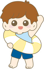 Boy Waving with Yellow Swim Tube, Summer Water Fun 남자아이, 수영튜브, 물놀이, 여름휴가