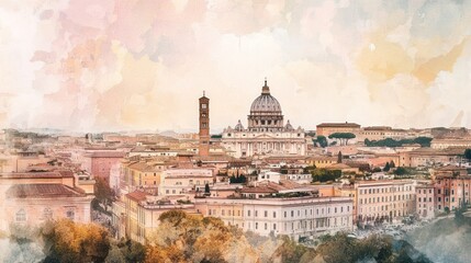 A watercolor painting depicts a cityscape with large domes