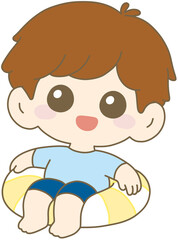 Boy Sitting on Yellow and White Inflatable Tube, Summer Water Play 남자아이, 튜브, 물놀이, 여름, 어린이