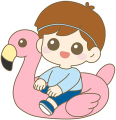 플라밍고 튜브를 탄 남자아이 – Summer Swimming Boy on Flamingo Float Illustration