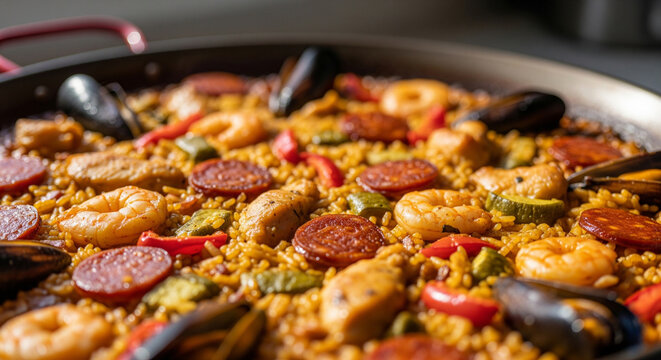 A close-up view shows a vibrant paella in a pan, richly filled with seafood, chorizo, and colorful vegetables.
