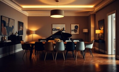 A minimalist dining room bathed in the golden glow of a statement lamp showcases an eclectic mix of textures and styles A shared table adorned with mismatched chairs cradles a grand piano its iv