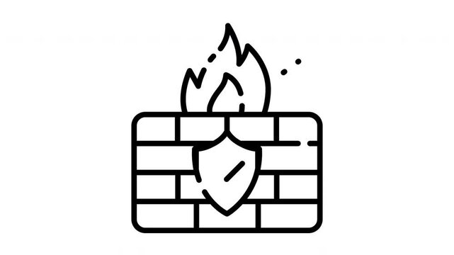 Firewall icon with flame and shield in outline animation, perfect for digital protection, cyber defense, and safe network visuals.