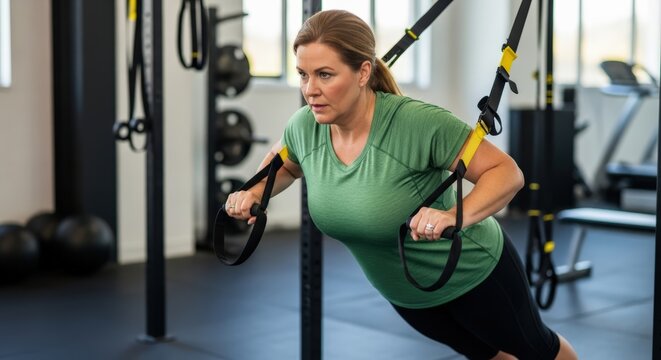 A woman in a gym does suspension training, working towards her fitness goals with determination.