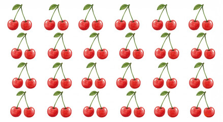 A charming and whimsical pattern features multiple rows of cute, stylized red cherries with green leaves, scattered across a clean white background. 