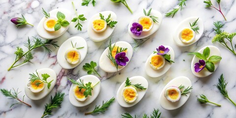 Elevated view of halved hard-boiled eggs on a marble table top with soft natural light shining down