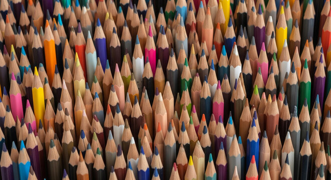A dense, top-down view captures a chaotic yet colorful array of sharpened colored pencils, creating a vibrant and textured artistic background.

