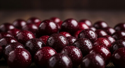 A close-up view captures a vibrant cluster of fresh, dark red cherries covered in glistening water droplets, suggesting their ripeness and juicy sweetness.
