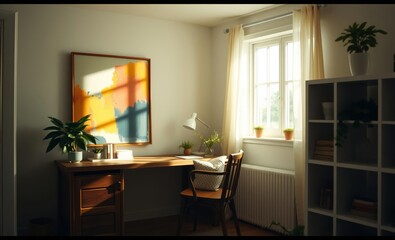 A sun-drenched haven of open space where a rustic wooden desk adorned with a minimalist lamp and a vibrant abstract painting harmonized with a cozy chair and a pristine white shelf  Personal touch