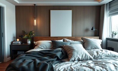 A sleek and minimalist bedroom adorned with a plush wooden bed a mockup poster frame a verdant plant flickering candles a stack of inviting books and elegant personal accessories Luxurious bedd