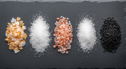 A stunning top-down view showcases five distinct piles of gourmet salts, including yellow, white, pink, and black varieties, against a dark slate background, highlighting their culinary diversity and 