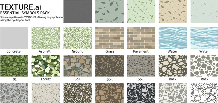 Vector pattern texture cad set for landscape architecture. Includes concrete, asphalt, grass, pavement, water, gravel, soil, forest, and stone surfaces.