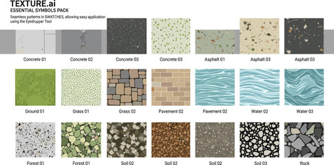 Vector pattern texture cad set for landscape architecture. Includes concrete, asphalt, grass, pavement, water, gravel, soil, forest, and stone surfaces.
